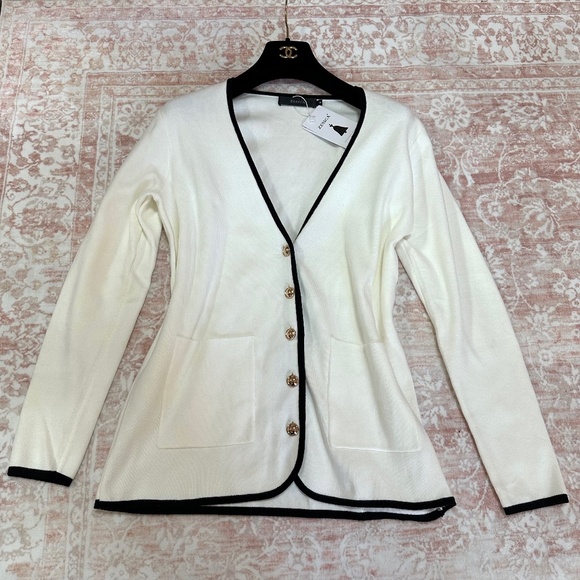 Zesica Sweaters - NWT Classy Knit Gold Button Cardigan W/ Black & White Contrast